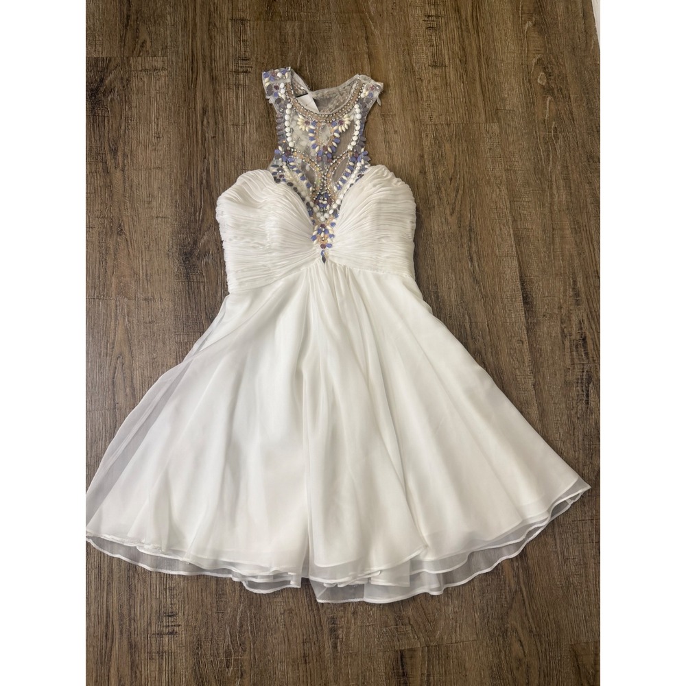 Rachel Allan White Beaded‎ Halter Mini Dress Size 6 Formal Homecoming Prom 6804